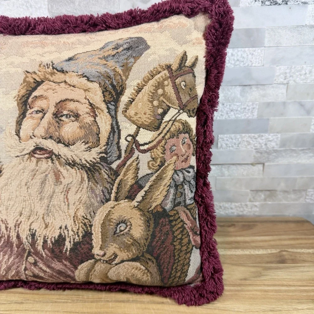 Vintage Santa Claus Tapestry Throw Pillow‎ Burgundy Fringe Velvet Back 11x11